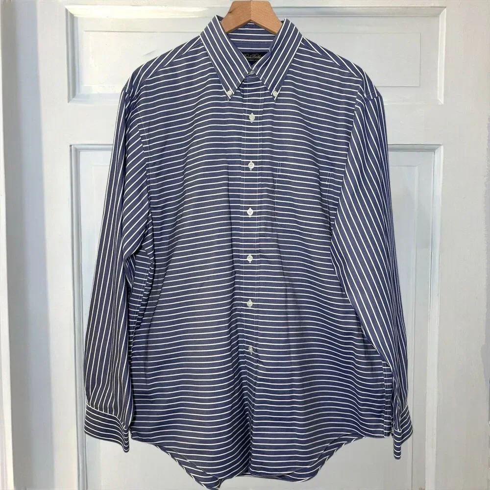 Brooks Brothers Navy Blue Stripped Non iron‎ Men L Button Down Shirt Long Sleeve - Picture 5 of 7